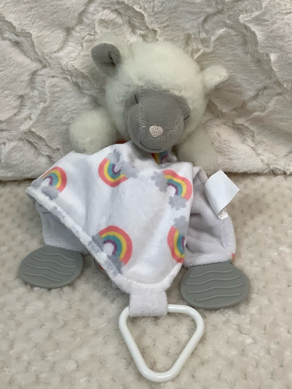 Modern Baby Lamb Lovey Security Blanket Teether Rattle Rainbow 12 inches